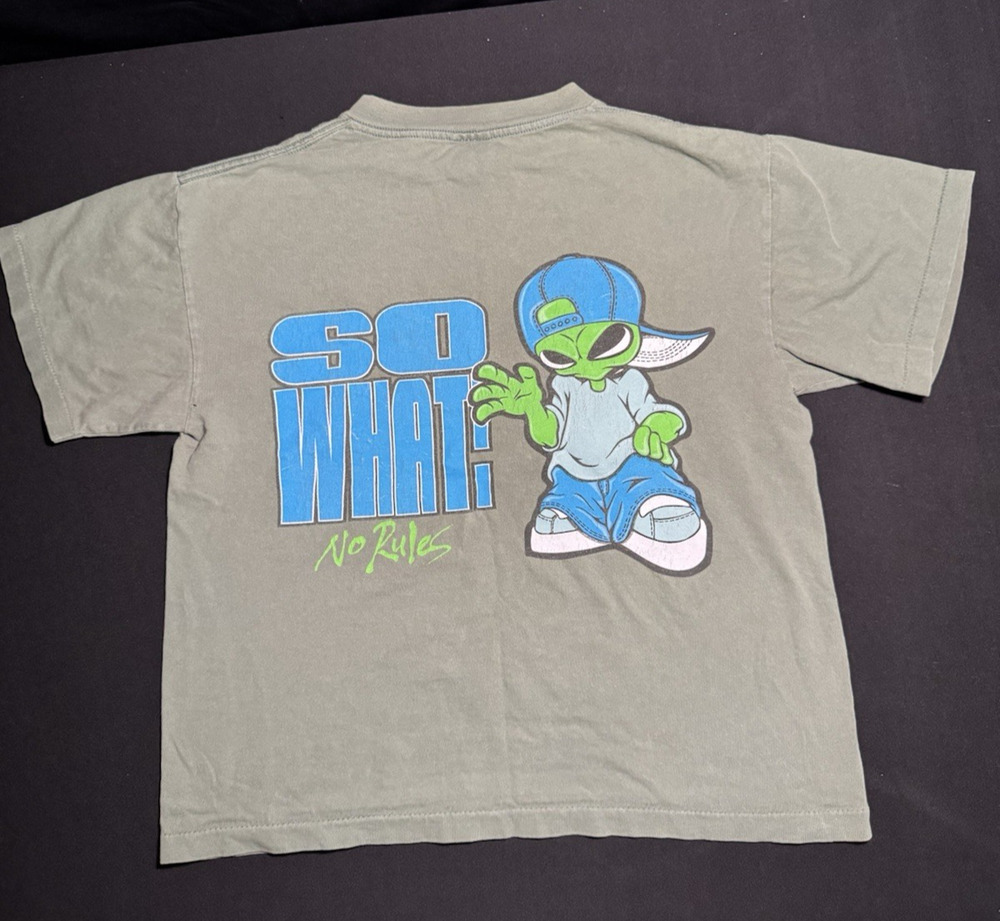 Vintage Y2K No Rules Alien Graphic Tee Single Stitch Skater Youth Lg *Holes*